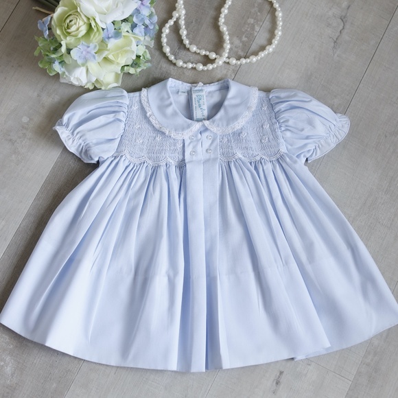 Blue Dress Smocked Heirloom Feltman Brothers Lace Collar Size 3 Months NWT - Picture 1 of 4